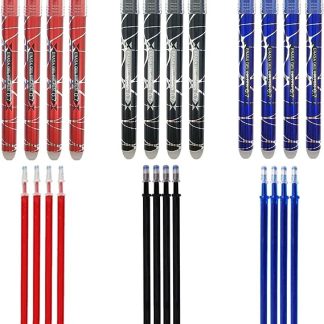 12 bolígrafos borrables de color negro, rojo, azul, 0.7mm y recambios