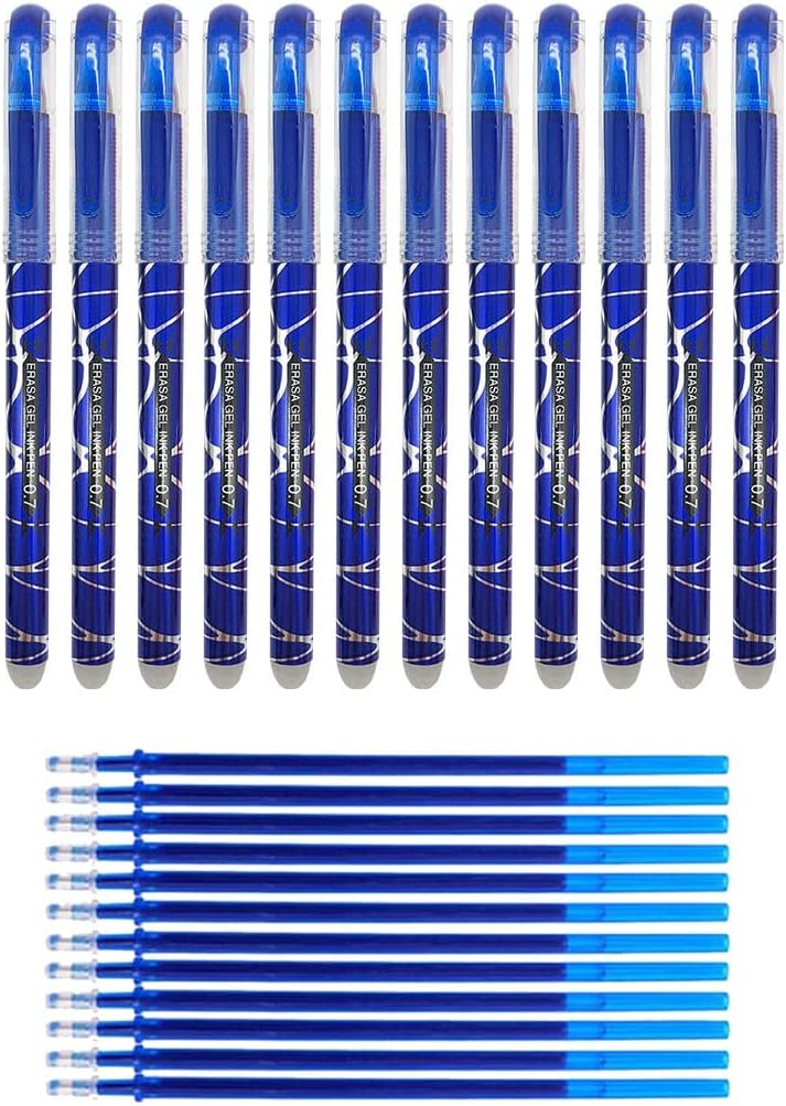 12 bolígrafos borrables de tinta azul con punta de 0.7mm y 12 recambios