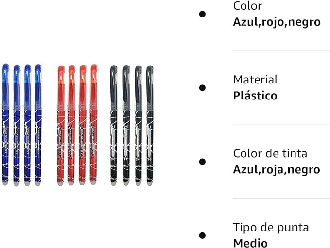 12 bolígrafos borrables de tinta azul, roja y negra con punta de 0.7mm - Imagen 6