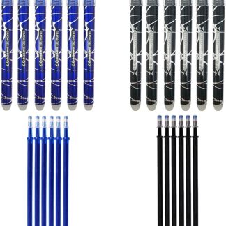 12 bolígrafos borrables de tinta azul y negra con punta de 0.7mm y recambios