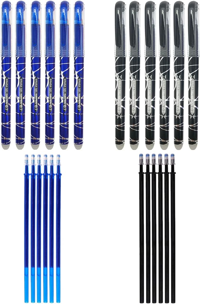 12 bolígrafos borrables de tinta azul y negra con punta de 0.7mm y recambios