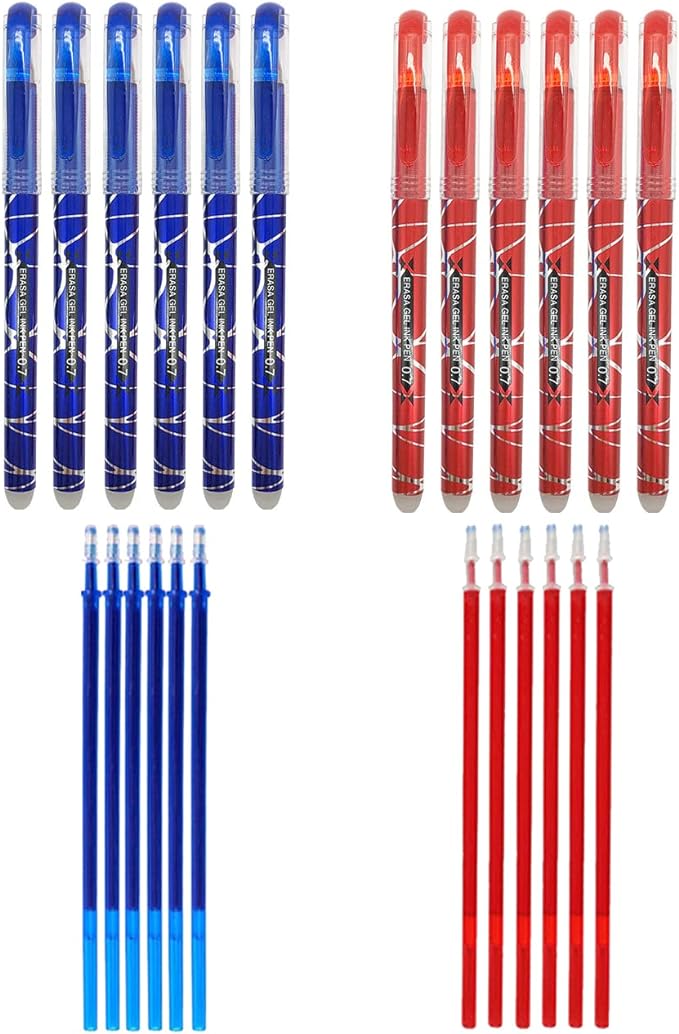 12 bolígrafos borrables de tinta roja y azul con punta de 0.7mm y recambios